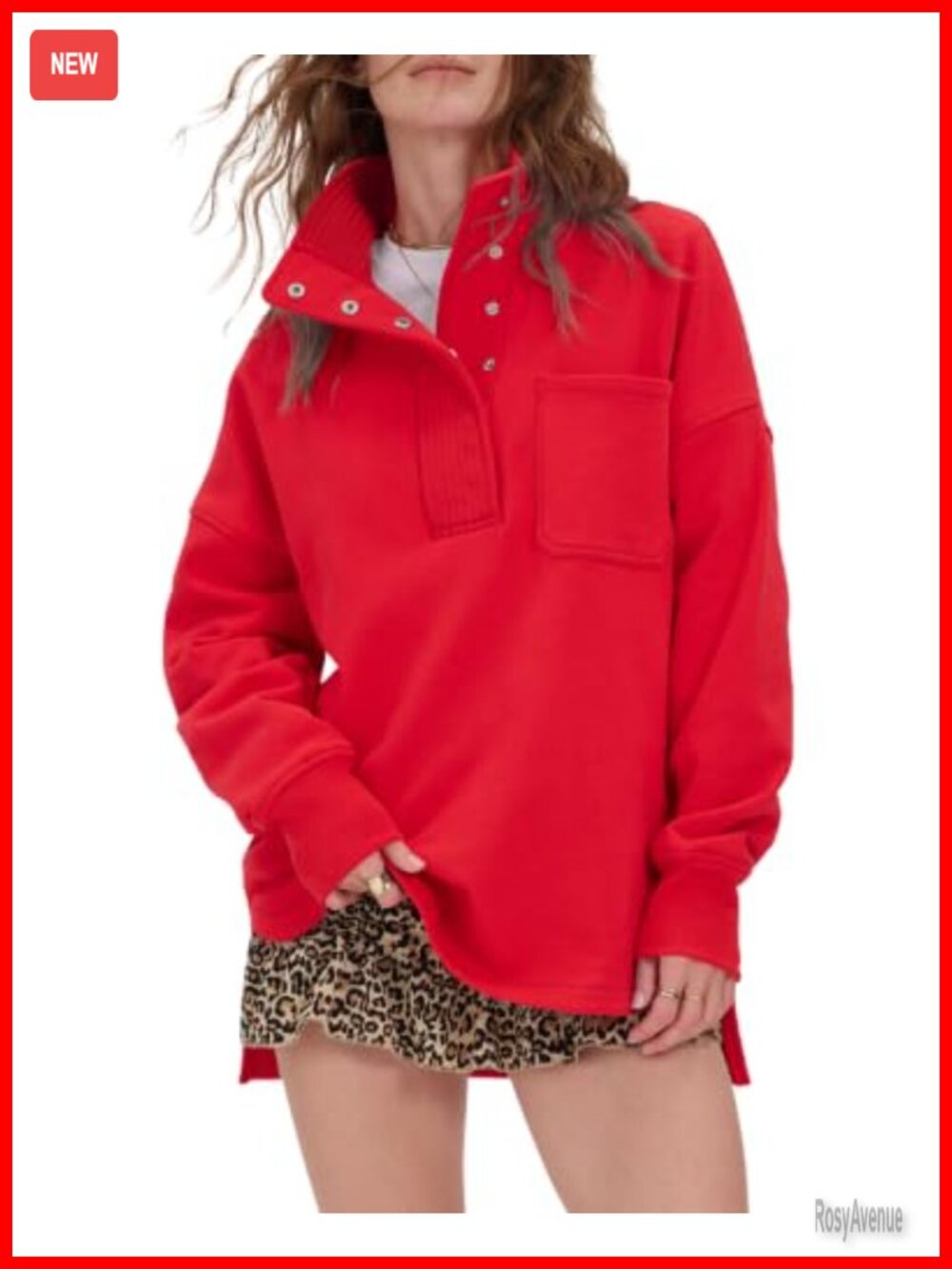 Oversized Henley Neck Snap Button Sweatshirt Slouchy Pullover